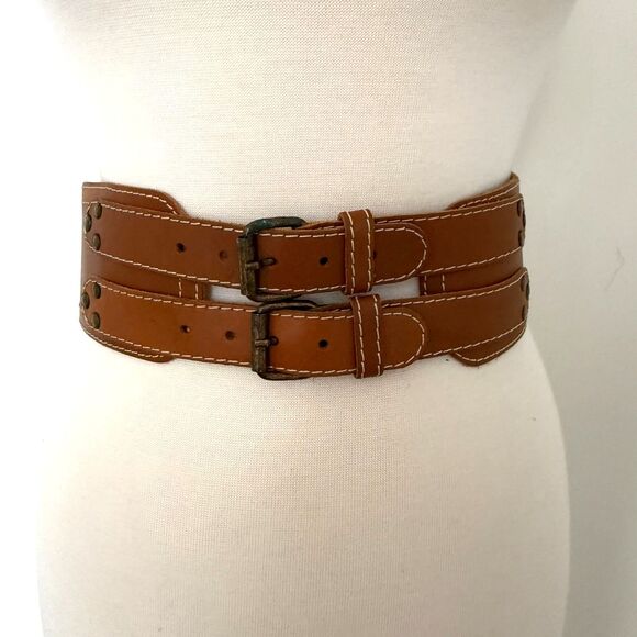 VTG Divided H&M Vintage Brown Leather Double Buckle Wide Waist Cinch Belt Sz S main image 5